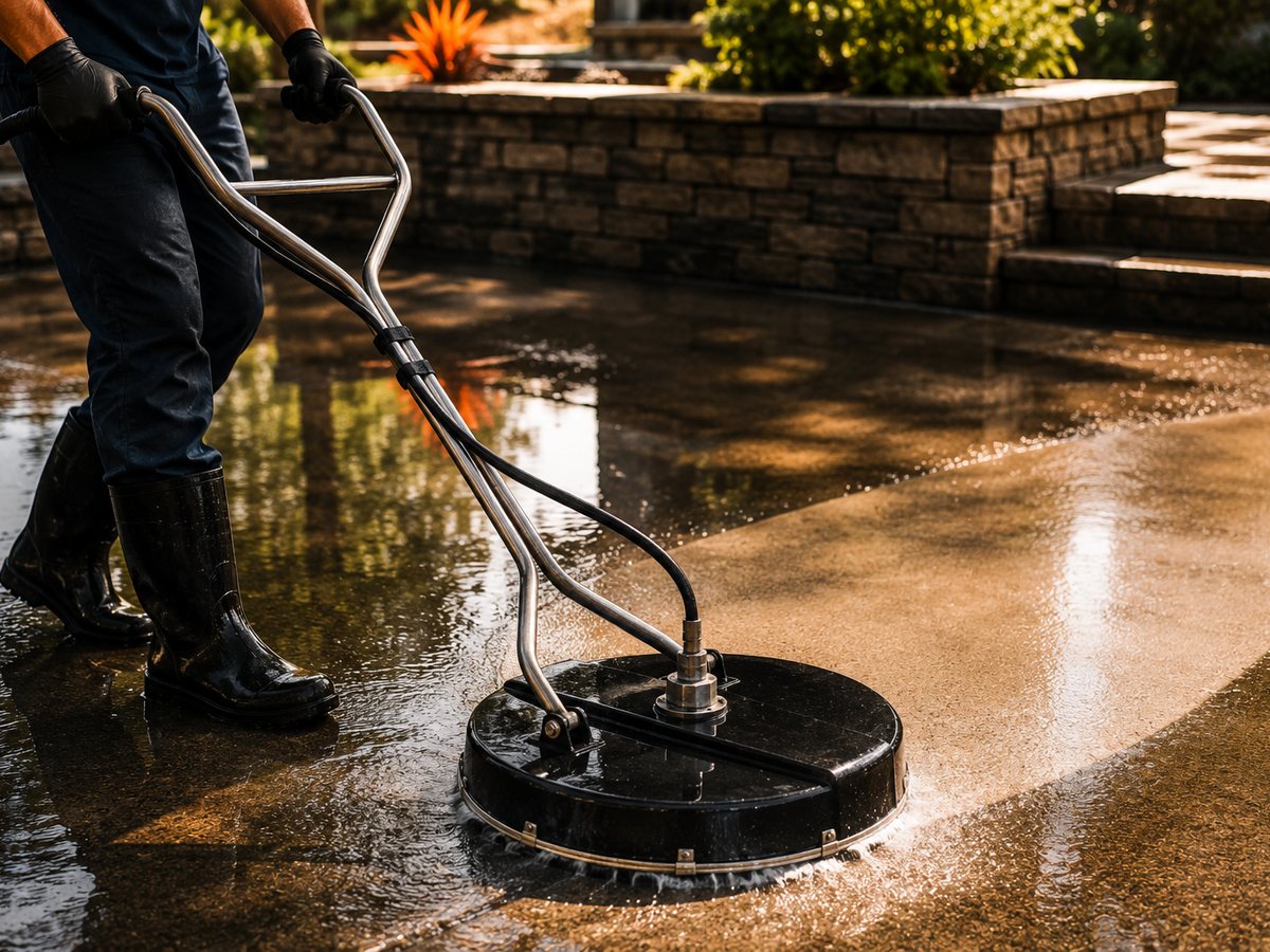 A Reveal technician running a rotary surface cleaner across wet pavers, lifting years of grime