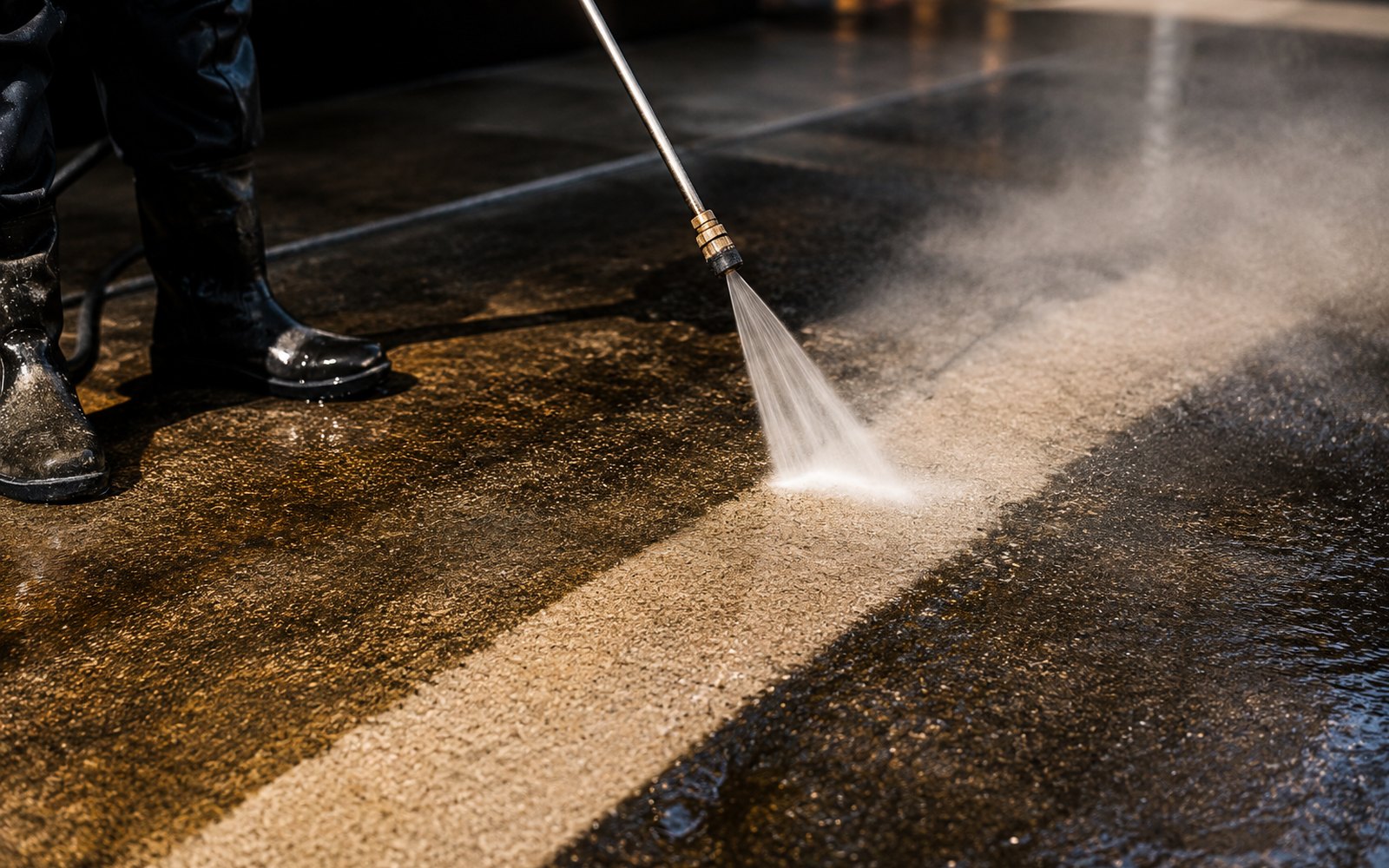 A dark Temecula driveway with a bright, clean strip revealed by a pressure washer